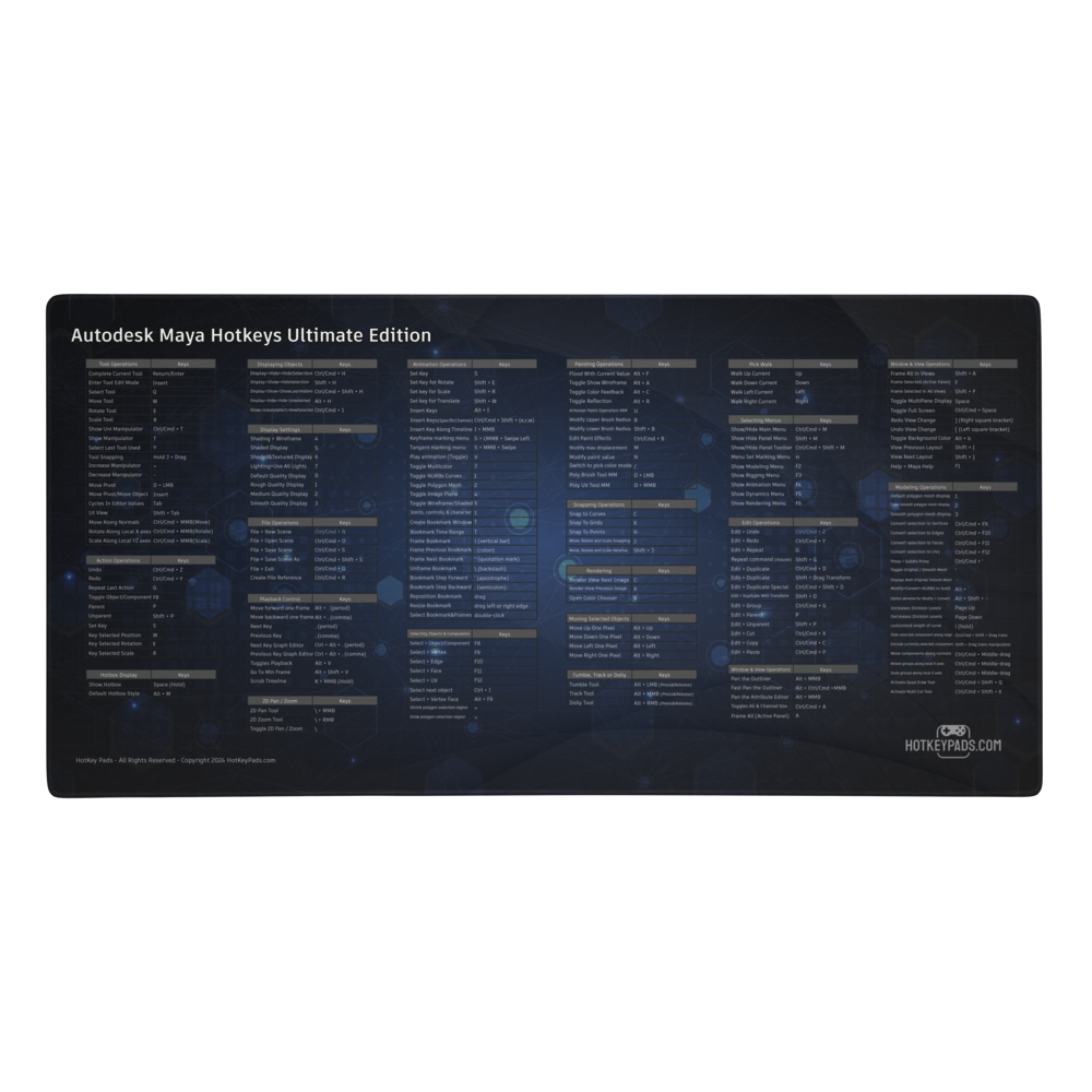 Autodesk Maya Hotkeys Ultimate Edition Gaming Mouse Desk Pad (36" x 18")